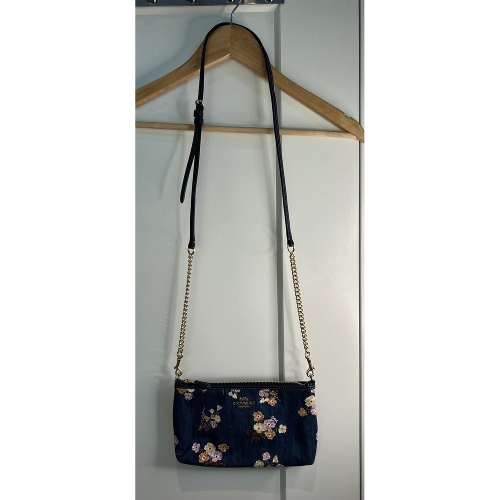 Coach Floral Print Denim Crossbody Bag Indigo Blue Gold Hardware 88681